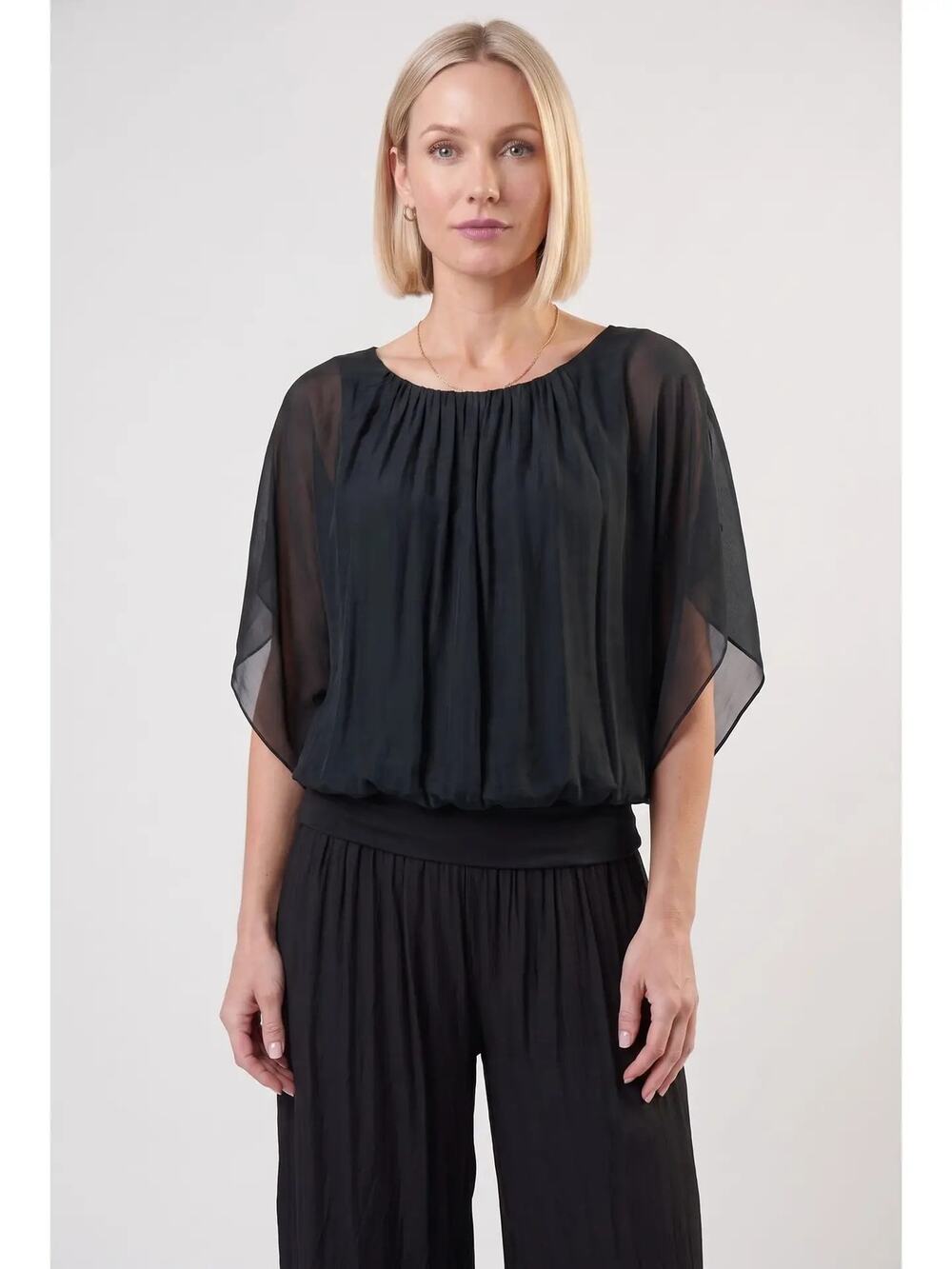 NWT Tina Stephens Aurora Silk Top Made in Italy Flutter Sleeve One Size BLACK